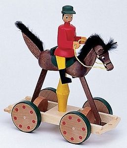Wolfgang Werner German Wooden Toy Trojan Horse Moving Toy Horse w Red Rider