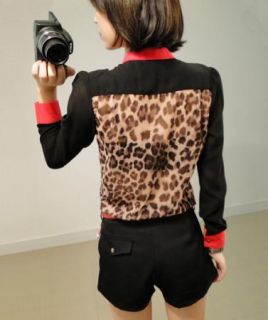 Sexy Womens Leopard Print Chiffon Tops Pocket Blouse Long Sleeve Collared Shirt
