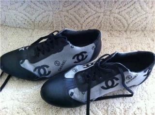 Chanel Ladies Womens Athletic Lace Up Tennis Shoes Fashion Sneakers Black 39 8 5