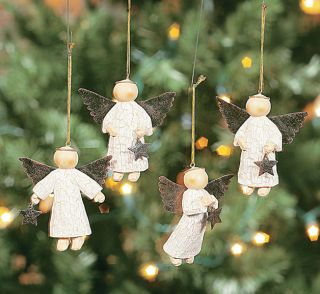 4 Folk Art Angel Primative Christmas Tree Ornaments