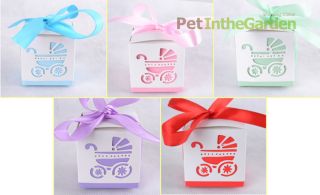 12 Pram Carriage Baby Shower Favour Boxes Gifts Thank You with Ribbon