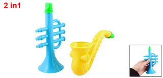 Kids Yellow Blue Plastic Saxophone Horn Trumpet Toy Plaything 2 Pcs