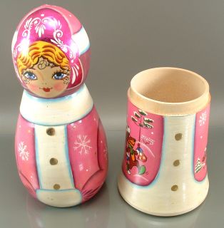 Russian Wooden 13 5" Doll Cat Dog Winter Scene Large Pink Vintage Bottle Holder