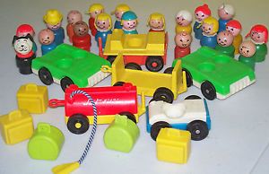 30 PC Fisher Price Vintage Wooden Little People Figures Cars Collectible Toys