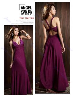 Lady Sexy Low Cut V Neck Strappy Backless Jewel Full Length Evening Gown Dress