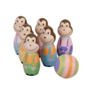 5X Set of Mini Multicolor Wooden Monkey Design Bowling Pin and Ball Toy for Kids