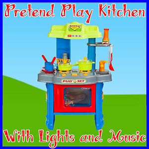 Kids Pretend Play Kitchen Red Chef Master Toy Cutlery Plates Set Light Sound