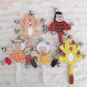 Wooden Smiling Face Animal Shaped Handle Jingle Bell Party Toy Kid's Favor