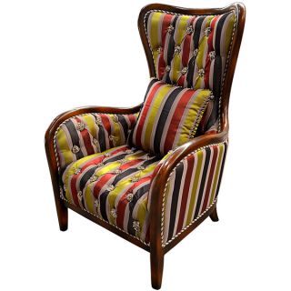 Antique Riviera Hotel Lobby Chair Solid Mahogany Frame Silk Striped Fabric Tuft