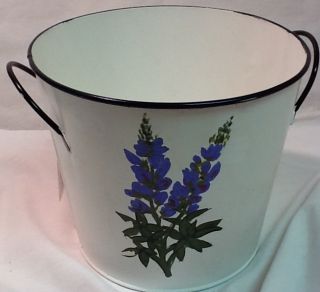 Metal Decorative Bucket Decorated Painted Flowers Bluebonnet Texas Pale Water