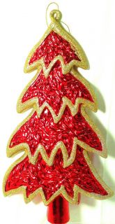 Lins 12 5" Shatterproof Red w Gold Glitter Funky Retro Christmas Tree Ornament