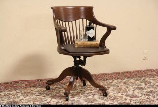 Swivel Adjustable 1895 Antique Oak Leather Desk Chair