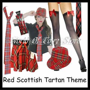 Ladies Red Scottish Tartan Themed Fancy Dress Costume Accessories