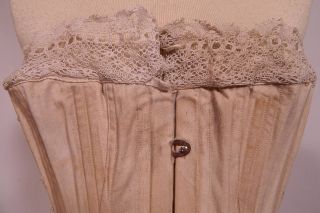 Victorian Antique Vtg P N Practical Front White Cotton Coutil Lace Trim Corset