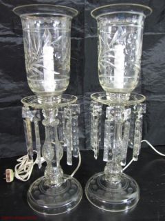 Antique Czech Glass Banquet Lusters Lamps w Hurricane Shades Crystal Drops