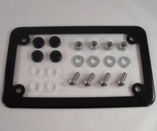 Black Motorcycle License Tag Plate Frame w 4 Black Smooth Caps Lic Bolts Kit