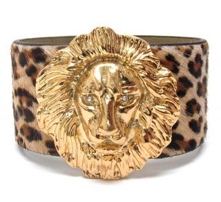 Lion Head Medallion Faux Fur Genuine Leather Snap Bracelet