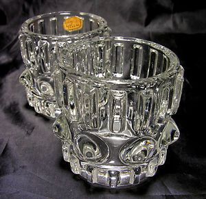 60s Czech Sklo Union Glass Pair of Tea Light Holders w Label