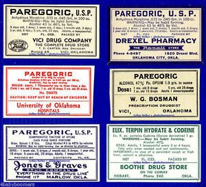 6 Opium Morphine Drug Narcotic Paregoric Antique Oklahoma Medicine Bottle Labels
