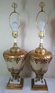 Stunning Vtg Mid Century Hollywood Regency Gold Orient Applied Leaf Lamps Lights