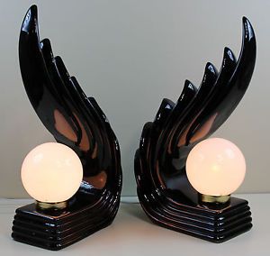 Pair Vintage Mid Century Modern Black Globe ORB Sculptural Art Deco Table Lamps
