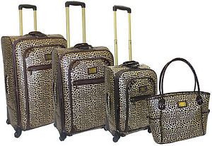 Adrienne Vittadini Metallic Pebble Grain 4 Piece Spinner Set Leopard Luggage Set