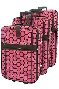 Pink Brown Polka Dot 3 Piece Rolling Luggage Set Pageant Suitcase Travel Bag