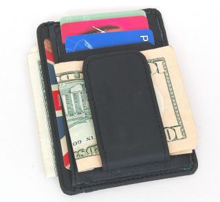 Genuine Leather Magnetic Money Clip ID Card Holder Case Wallet Black Thin Slim