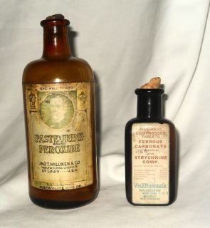 Pair of Antique Medicine Bottles C 1890 1910 Pasteurine and Ferrous Carbonate