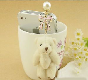 ZZZ Vogue Bowknot Plush Bear Pearl Cell Phone Headset Dust Plug for iPhone 4S