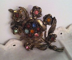 Little Nemo Floral Brooch with Multicolored Rhinestones Vintage Pin Signed
