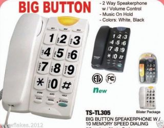 Big Button Corded Phone w Speed Dial Plus 10 Number Memory Black or White