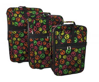 3 Piece Piggyback Rolling Luggage Set Multicolored Peace Signs