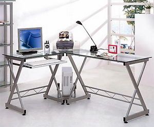 New L Shaped Glass Top Desk Computer Work Station Metal Frame Office Workstation