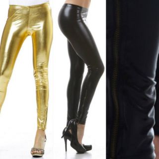 S M L Leggings Shiny Gold Metallic Faux Leather Black Zipper Side Stretch Skinny