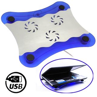 USB Cooling Cooler Pad 3 Built in Fans with Blue LED for 9" 15" Laptop Notebook
