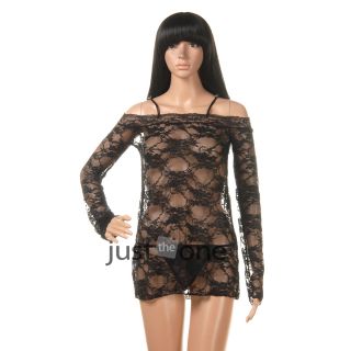 Sexy Women Lace Flower Embroidery Shoulder Strap Lingerie G String Long Sleeve