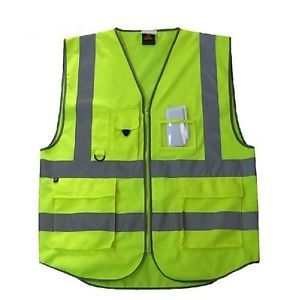 New High Visibility Safety Vest with Zipper Reflective Tape Strips 4 Pockets