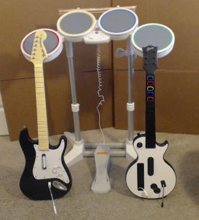Nintendo Wii Rock Band Drum Set Kit Bundle Stratocaster Les Paul Guitar Hero