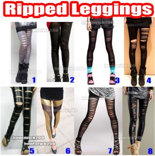 Sexy Black Womens Leather Wet Look Ripped Slashed Torn Punk Leggings Pants s M