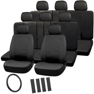 22pc Full Set Leather Black SUV Seat Covers Bucket Bench Wheel Head Belt Pads