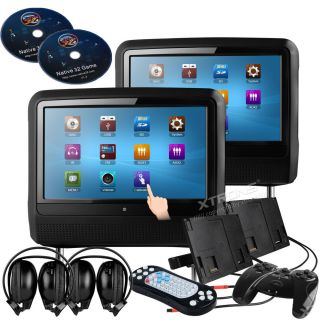 Black 2X Car Headrest DVD Player 9" Touch Screen Mount Holder FM Game IR Headset