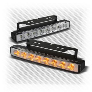 8 LED DRL Daytime Running Bumper Fog Lights w Built in Amber LED Turn Signal Set