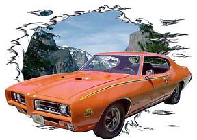 1969 Orange Pontiac GTO Judge Custom Hot Rod Mountain T Shirt 69 Muscle Cars T