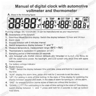 12V Digital Car Voltage Monitor Battery Alarm Clock LCD Temperature Thermometer