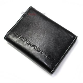 Premium Chevy Corvette C6 Emblem Logo Trifold Black Genuine Leather Men's Wallet