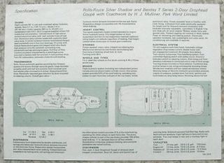 Rolls Royce Silver Shadow Convertible Sales Specification Sheet 1968 2418