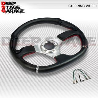 Universal Aluminum 350mm Racing Steering Wheel Black Red Stitching Silver Center