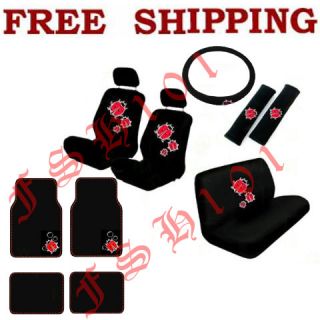 New Set Red Ladybugs Bubbles Car Seat Covers Steering Wheel Cover Floor Mats