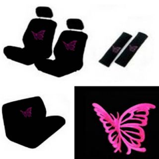 11pc Set Butterfly Pink Girly Black Car Seat Cover Front Rear Steering Wheel